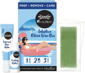 Wilkinson Intuitive Bikini Wax Box 4 Piece Set Cooling Water 30ml +  20 Bikini Wax Strips + 4 Post Wax Wipes + Ingrown Hair Balm 15ml