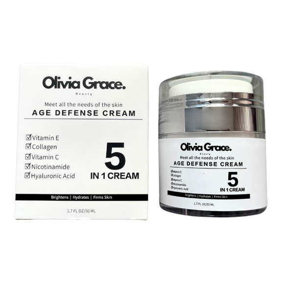 Olivia Grace Age Defense Cream 5 In 1 - Brightens, Hydrates & Firms Skin - Vitamin C & E, Collagen, Nicotinamide & Hyaluronic Acid